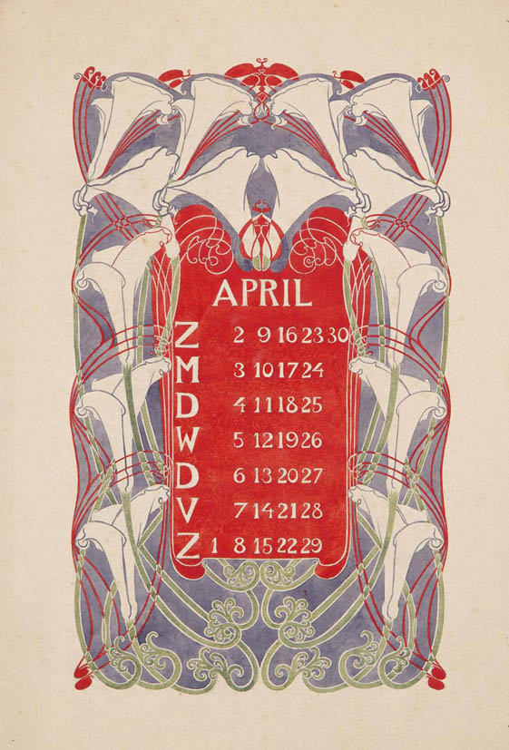jugendstil aquarel-ontwerptekening omslagkalender Bloem en Blad april 1905 Anna Sipkema