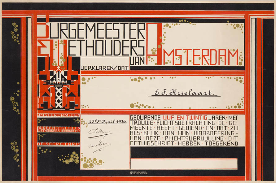 Getuigschrift gemeente Amsterdam ontwerp Albert Klijn 1929 stijl Amsterdamse School art deco