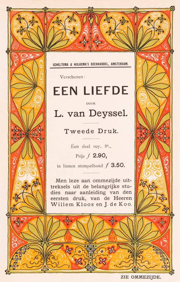 Prospectus Een Liefde door Lodewijk van Deyssel Scheltema & Holkema's Boekhandel, ontwerp: Theo Nieuwenhuis (1899)