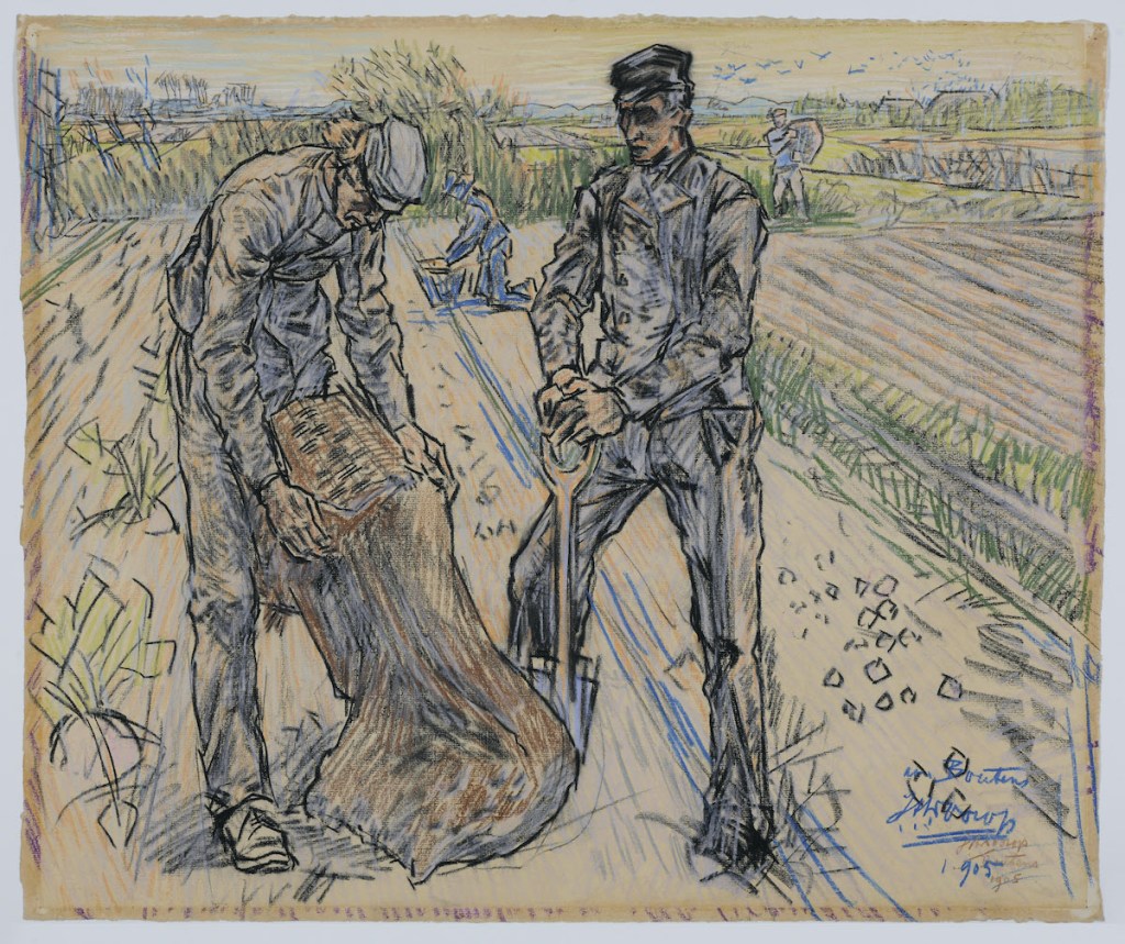 Jan Toorop 1905: tekening van twee aardappelrooiers, collectie Museum De Lakenhal, Leiden.